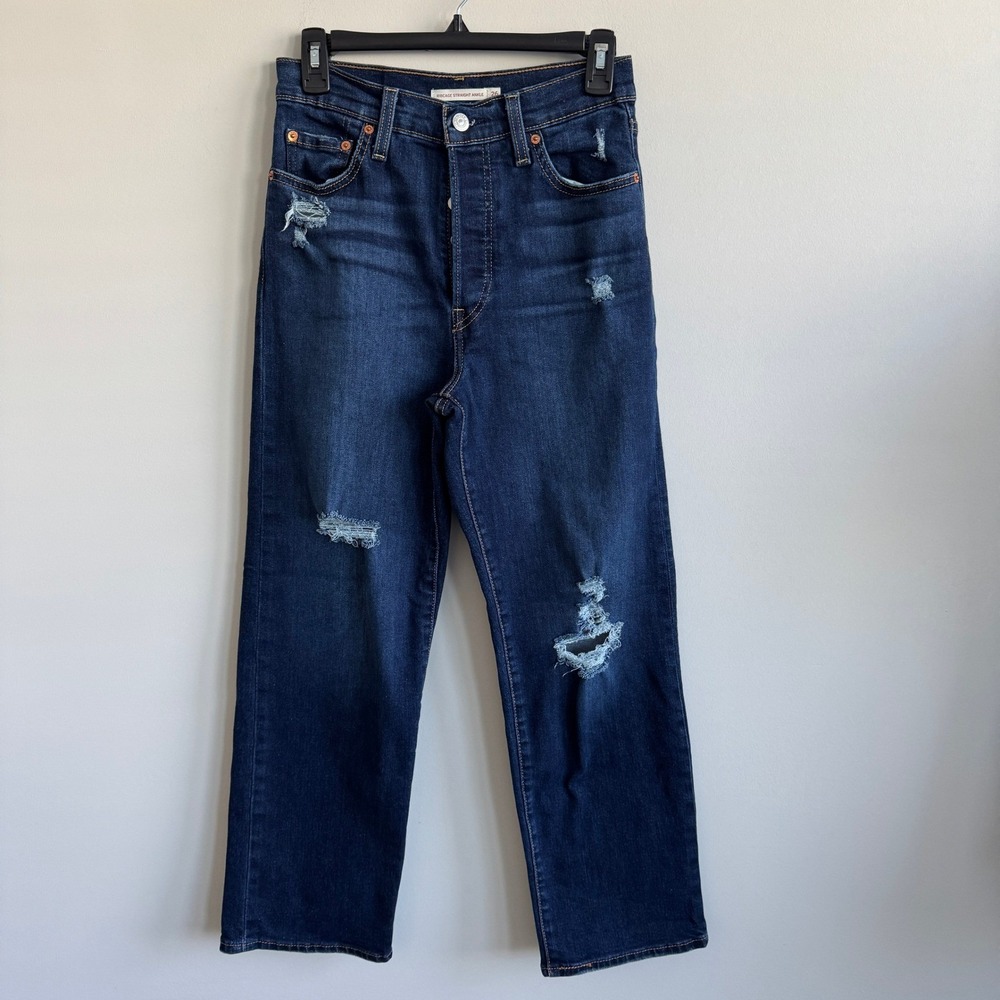 Levis Ribcage Straight Ankle Jeans Dark Wash Distressed Button Fly 72693-0133 26